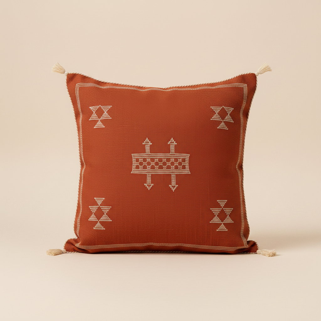 Authentic Sabra Cushion Cover in Terracotta with Berber embroidery