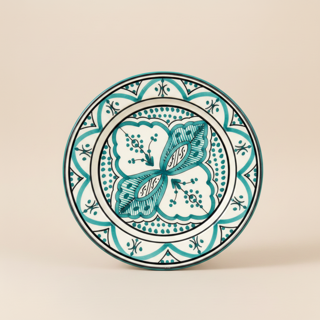 Turquoise and White Moroccan Ceramic Decorative Plate with floral pattern, handmade in Safi