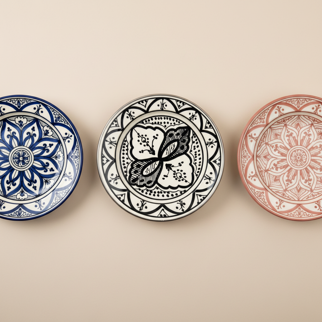 Set of 3 Moroccan ceramic plates overhead flat lay