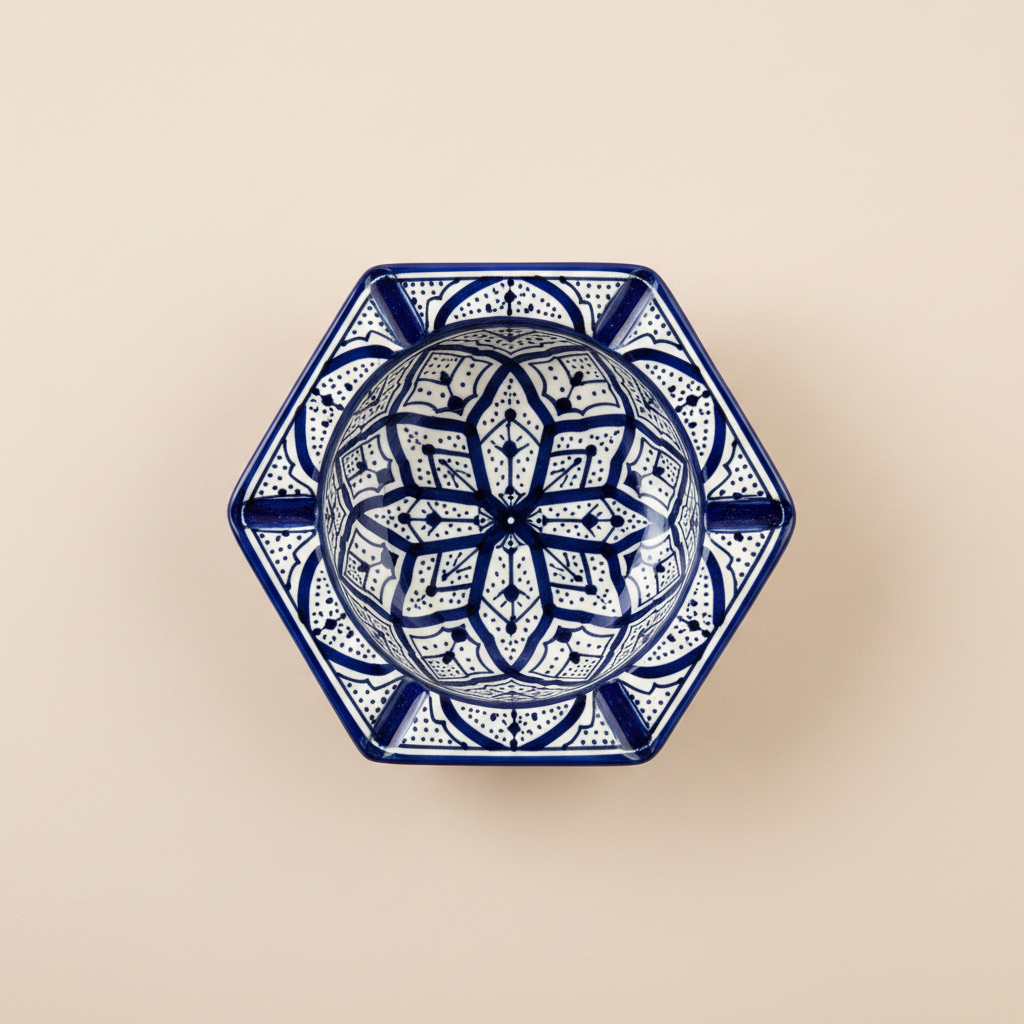 Moroccan ceramic ashtray cobalt blue zellige overhead view