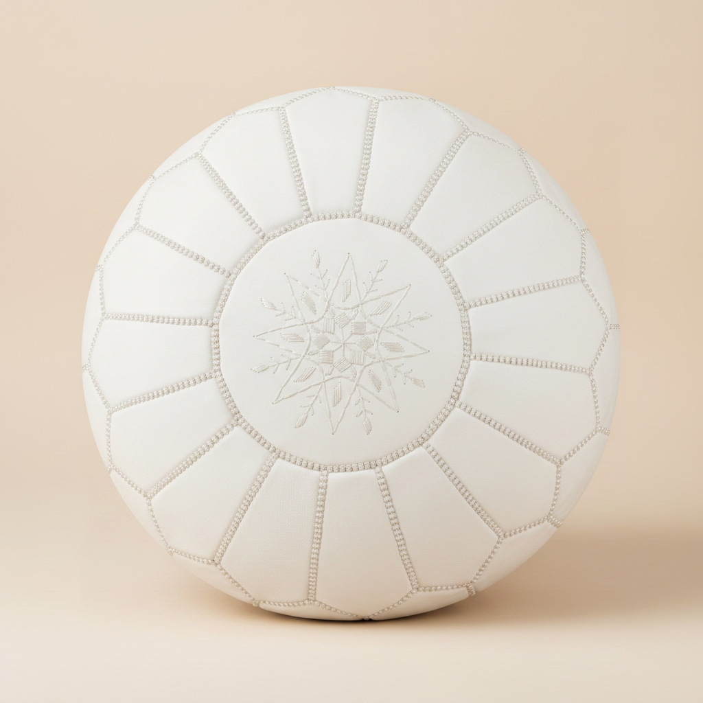 Classic White Moroccan Leather Pouf - side profile