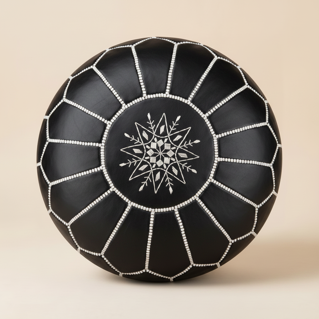 Authentic Moroccan Leather Pouf in Classic Black with hand-stitched geometric embroidery