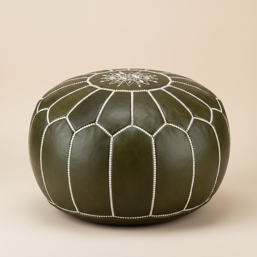 Authentic Moroccan Leather Pouf in Classic Olive Green with hand-stitched geometric embroidery