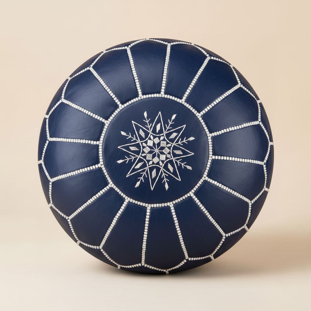 Authentic Moroccan Leather Pouf in Classic Navy Blue with hand-stitched geometric embroidery