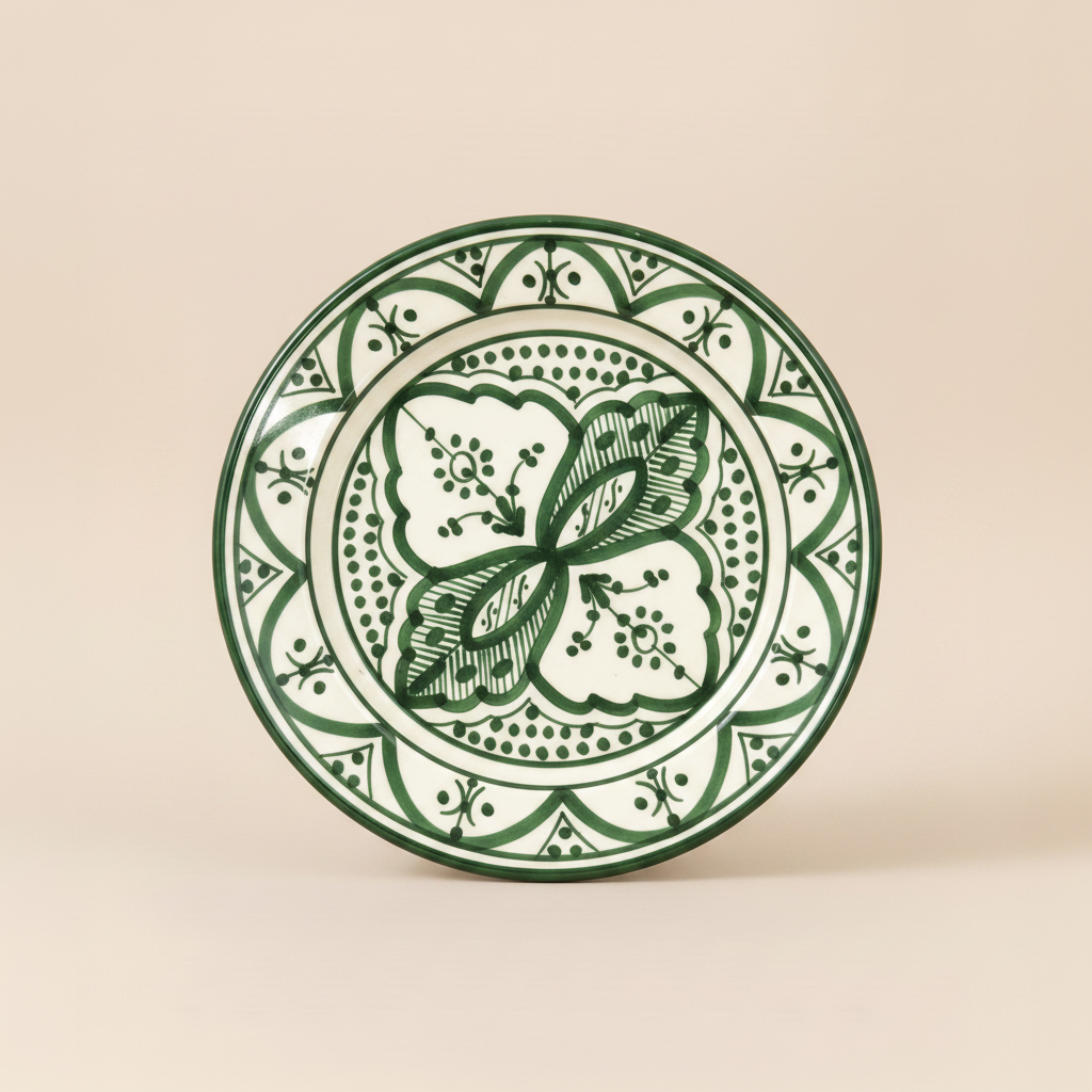 Forest Green and White Moroccan Ceramic Decorative Plate with botanical floral pattern, handmade in Safi