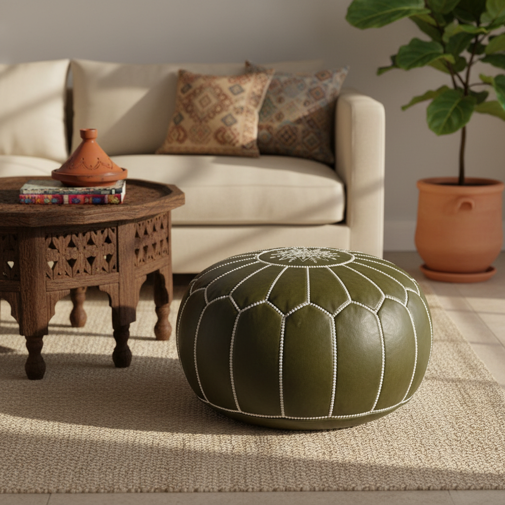 Classic Olive Green Moroccan Leather Pouf - side profile