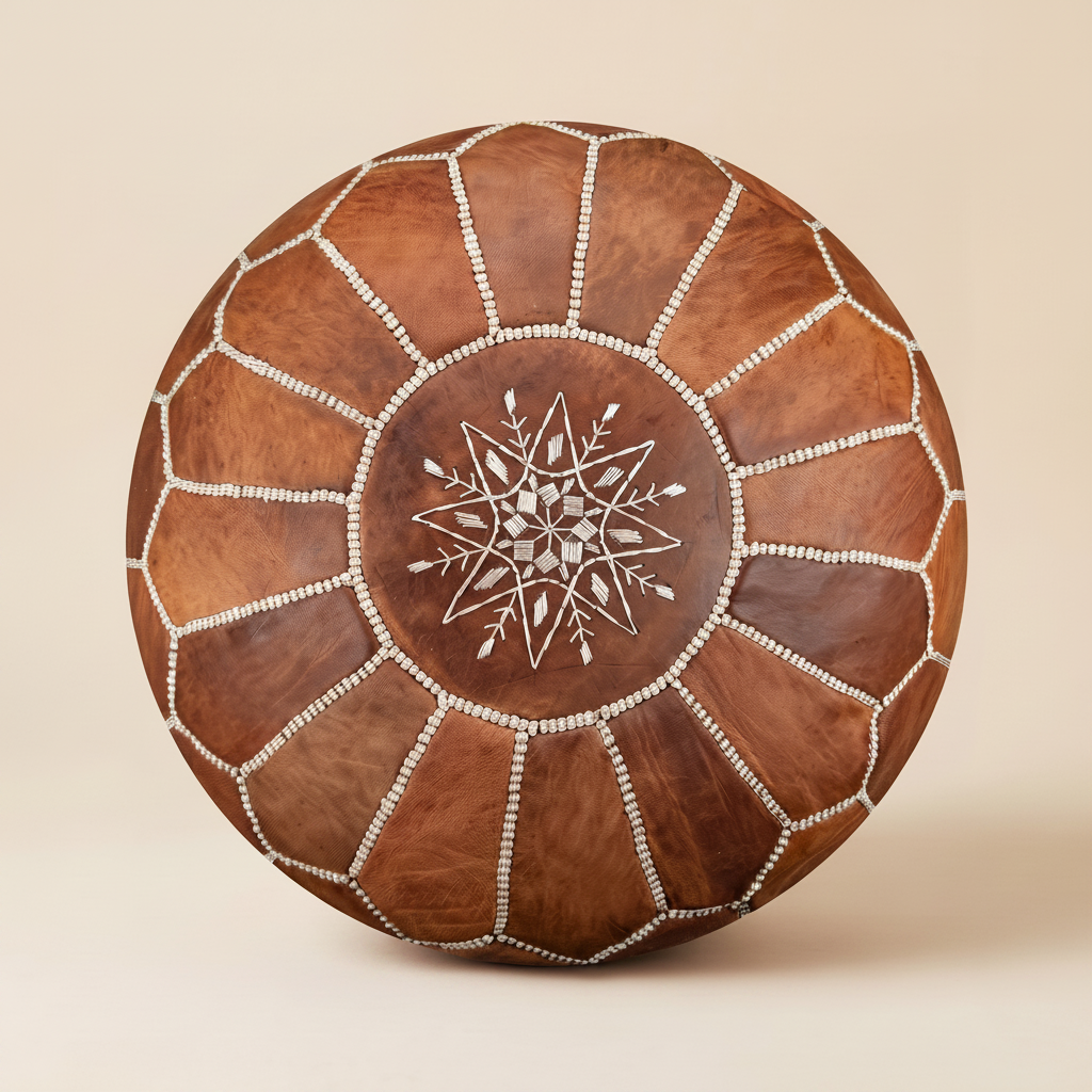 Authentic Moroccan Leather Pouf in Classic Camel with hand-stitched geometric embroidery