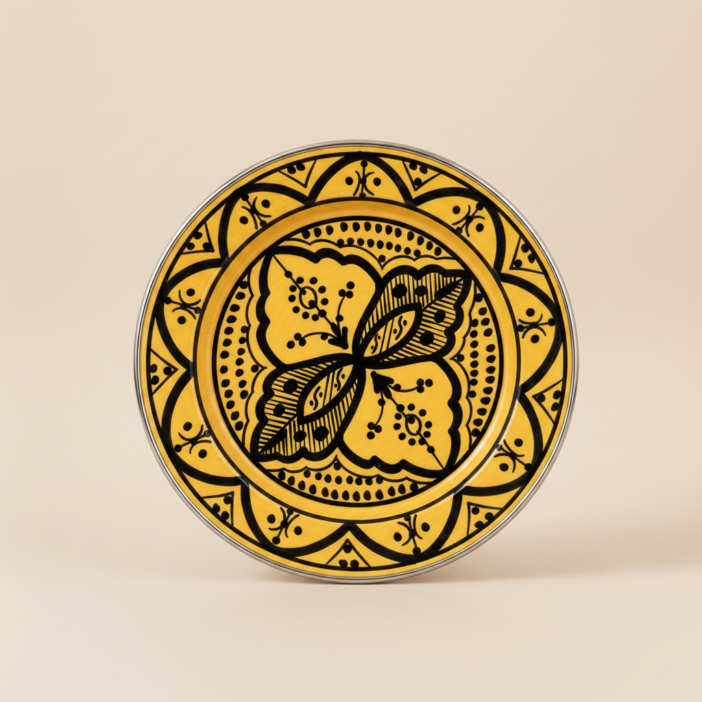 Saffron Yellow and Black Moroccan Ceramic Decorative Plate with geometric pattern, handmade in Safi