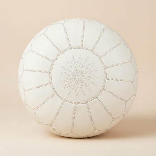 Classic White Moroccan Leather Pouf - top-down view