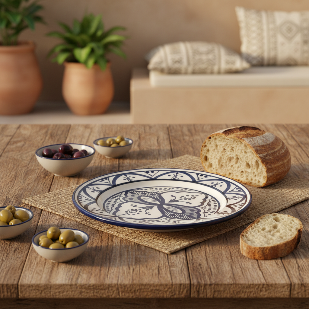 Moroccan ceramic plate cobalt blue zellige lifestyle shot