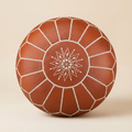 Authentic Moroccan Leather Pouf in Classic Terracotta with hand-stitched geometric embroidery